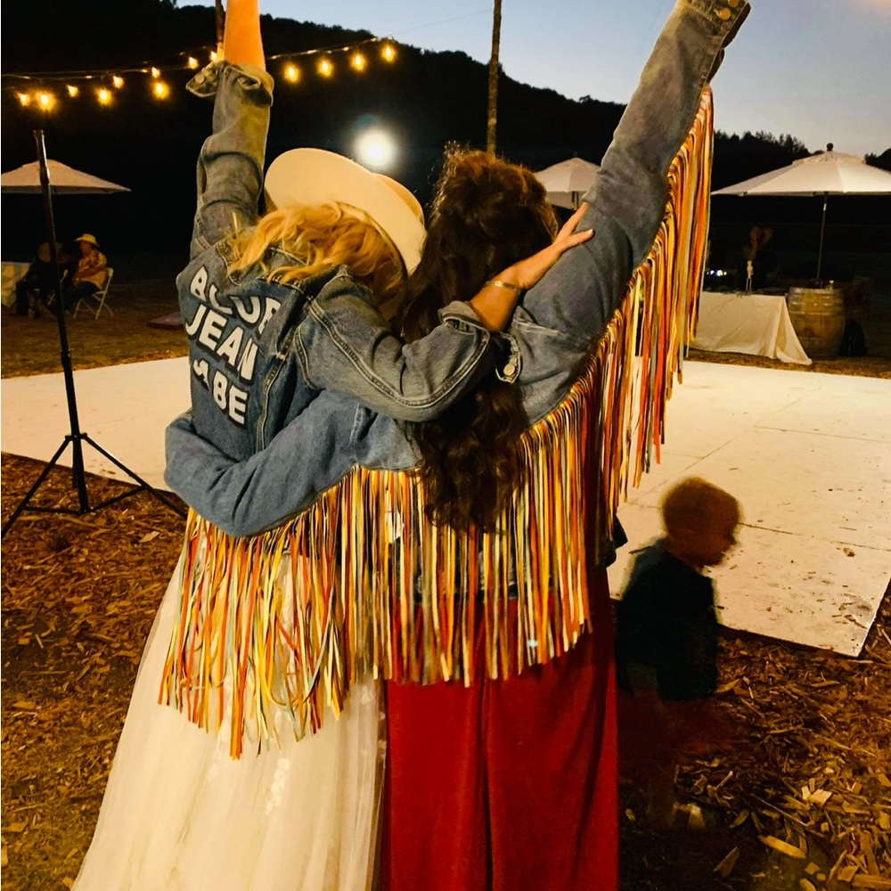 Size large multicolored fringe denim jacket